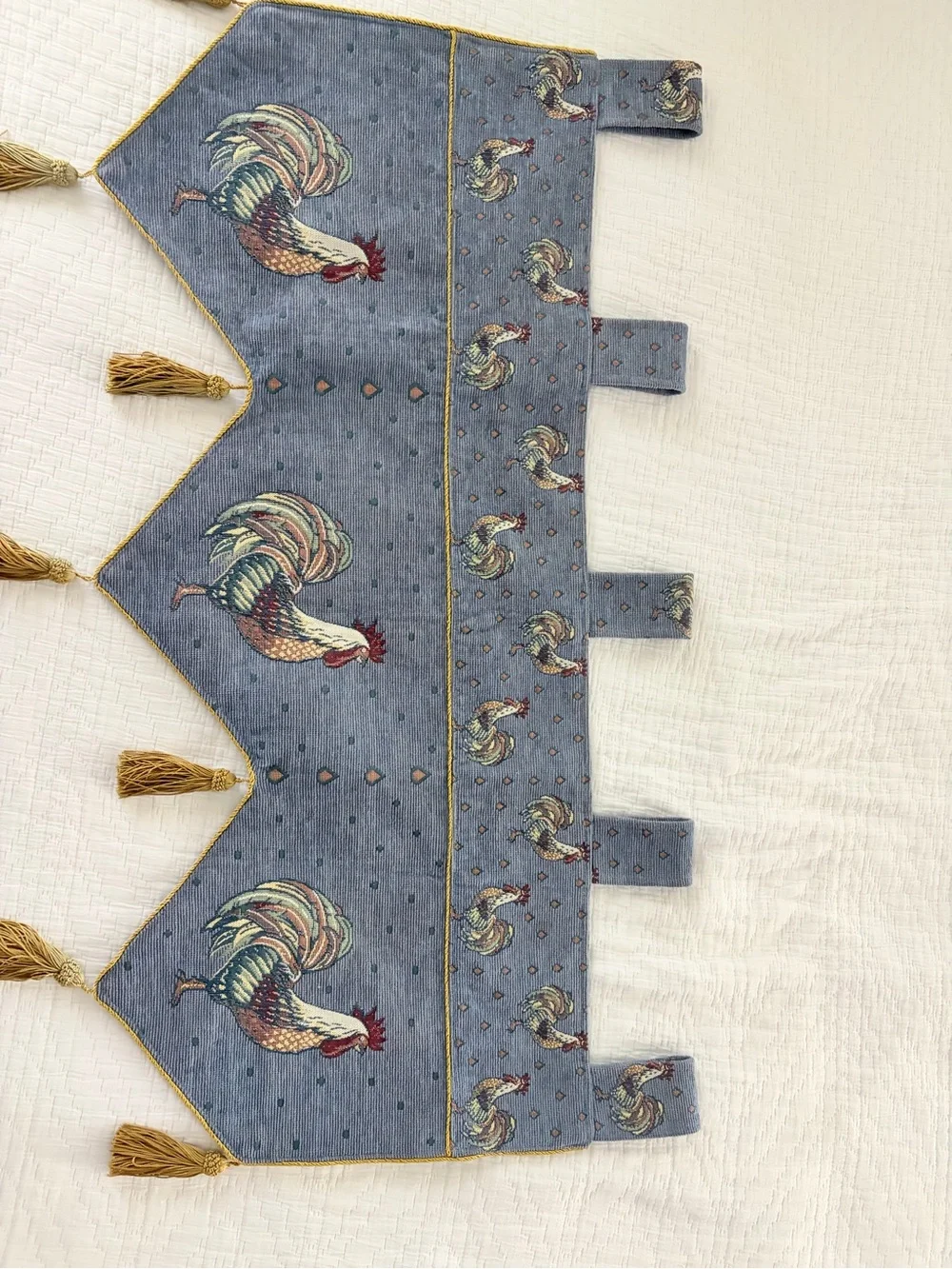 Vintage Rooster Print Window Valance in Denim Blue with Gold Tassels